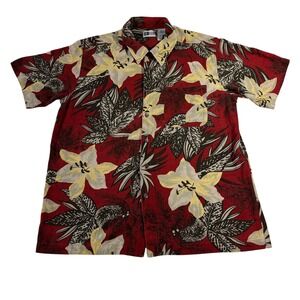 Untied Silk Hawaiian Shirt Floral Print‎ Short Sleeve Button Up Red Large